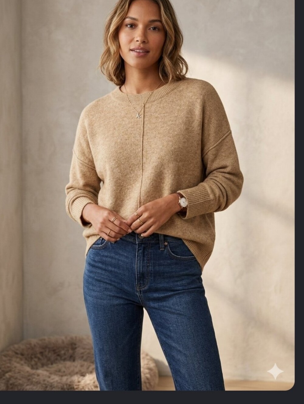 Vince Camuto Cozy Crewneck Center Seam Oversized Sweater in Camel Small